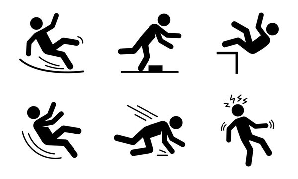 Collection of stick figure silhouettes depicting various types of accidental falls and slips