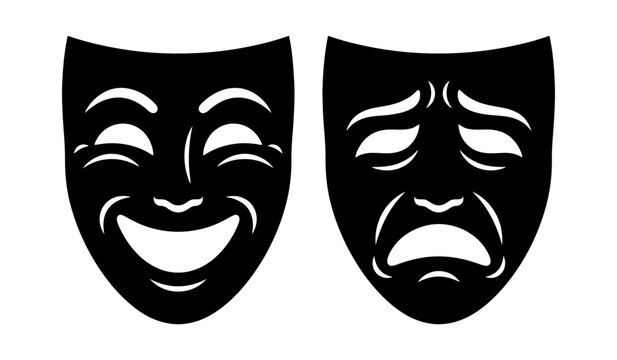 Dramatic theater masks representing comedy and tragedy in a classic black and white style