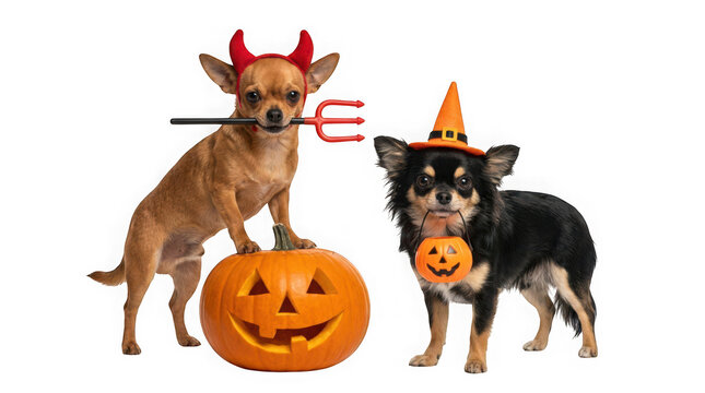 Two cute chihuahua dogs dressed in halloween costumes with a carved pumpkin, isolated on transparent background
