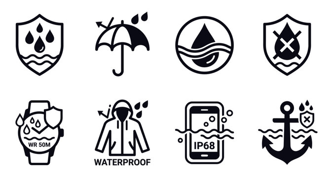 Waterproof protection icons set featuring shields umbrellas and water resistant devices