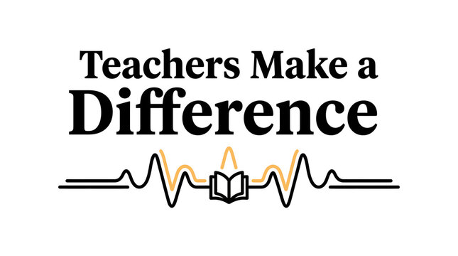 Teachers make a difference text with a heartbeat line and book icon for educational appreciation and school themes