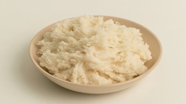 Creamy mashed potatoes served in a bowl, seen from above on white.