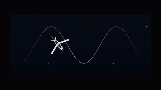 Satellite orbiting earth along a sinusoidal wave line in deep space