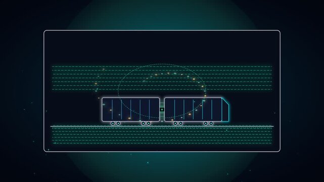 Futuristic digital train interface with glowing data lines and technical schematics