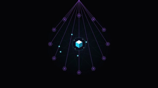 Abstract technology concept with glowing cube and connected network nodes on dark background