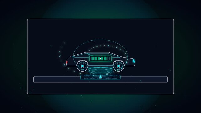 Futuristic autonomous electric car with glowing digital interface lines on dark background