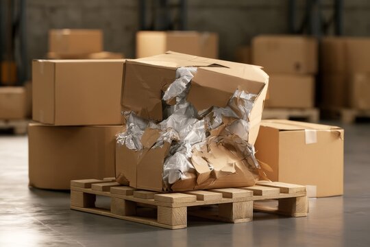 Boxes on a wooden pallet in a warehouse with damaged carton and packing material seen clearly