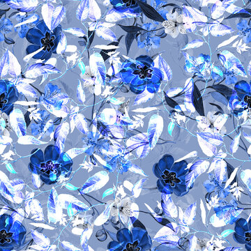 Ethereal watercolor floral seamless pattern with royal blue poppies white alstroemeria lilies translucent icy foliage on muted steel blue background modern romantic botanical artwork for fashion appar