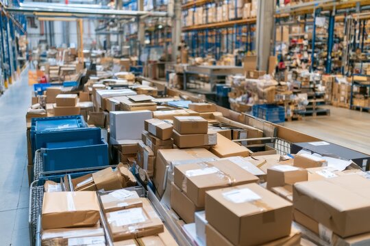 Warehousing activity with many boxes in a distribution center during the day