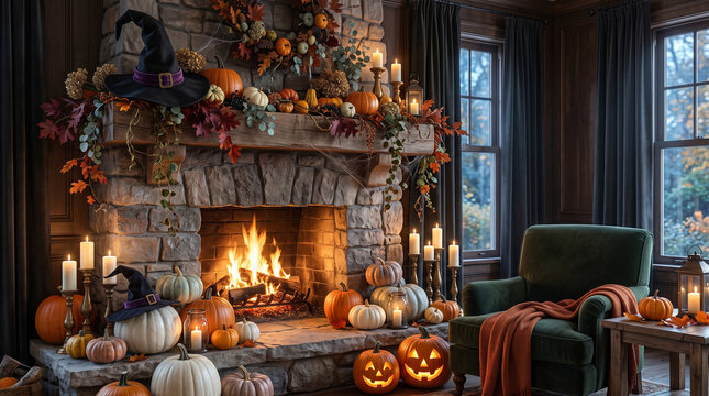 Cozy Halloween Living Room with Glowing Fireplace, Pumpkins and Autumn Decor