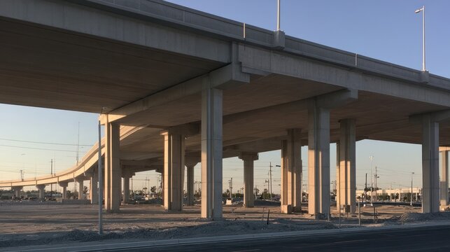 Warning sign for vehicle height restrictions by new urban structure, viewed from below.