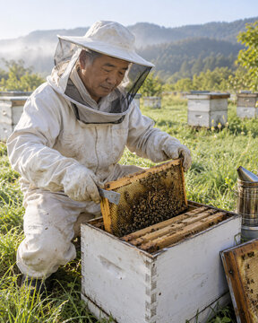 Senior beekeeper kneels beside an open hive to check the honeycomb frames

