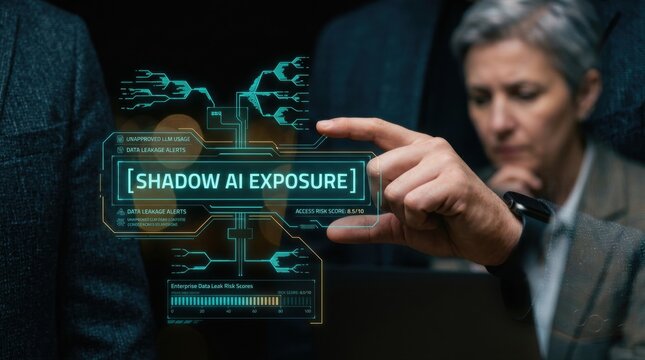 Business leader views a holographic AI data interface, highlighting unseen vulnerabilities and the critical need for cybersecurity in managing digital exposure and future risk