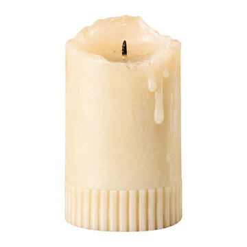 Isolated extinguished wax pillar candle with melted drips and a short