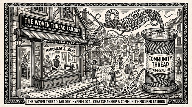 Black‑and‑white illustration of tailor shop connected to spool of thread, symbolizing hyper‑local craftsmanship and community‑focused fashion.