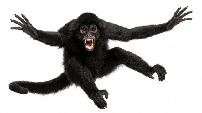 Aggressive spider monkey snarling with open mouth in natural forest setting