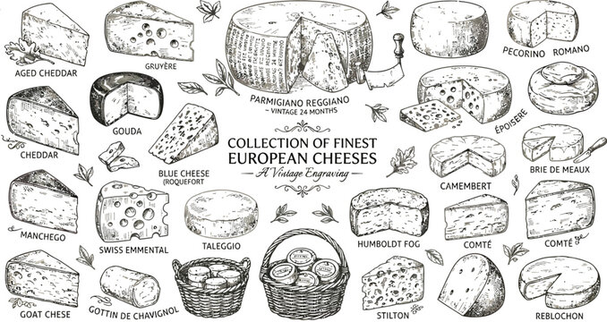 A Detailed Vintage Engraving Collection of Various Fine European Cheeses and Varieties