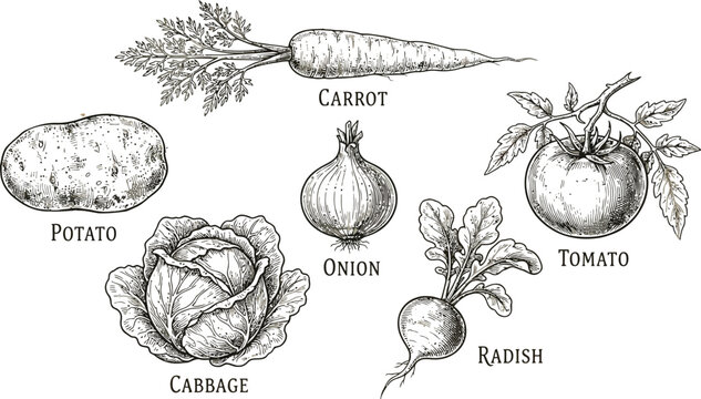 A detailed vintage botanical illustration collection of six fresh garden harvested vegetables