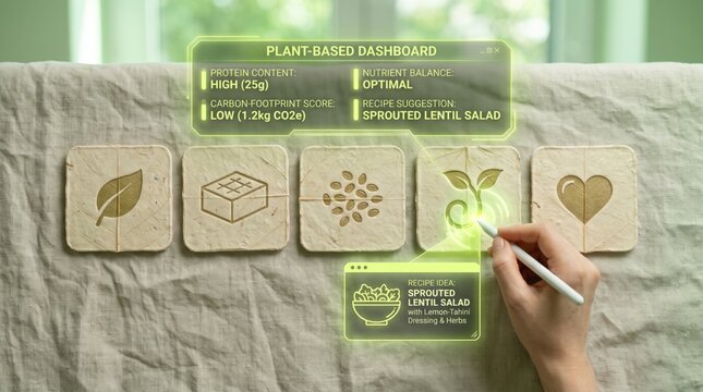 Plant-based nutrition concept with hand interacting with holographic menu icons of leaf, tofu, seeds, sprout, and heart