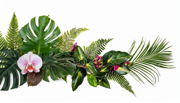 Tropical Ivy Plant Bush Floral Arrangement With Rainforest Leaves Monstera And Fern And Vanda Orchids Tropical Flower Decor On Tree Branch Liana Vine Plant Isolated On White Background Cut Out