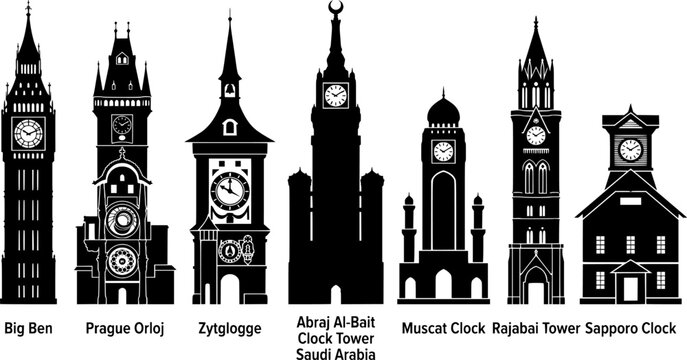 World Famous Clocks Timepieces Silhouette Collection Big Ben Zytglogge Prague Orloj Abraj Al-Bait Rajabai Tower Sapporo Clock Landmark Architecture Vector