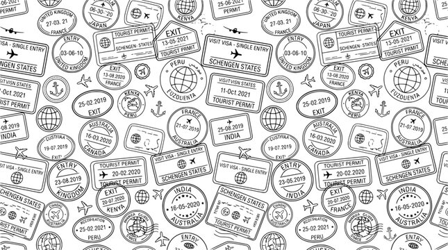World Passport Stamps Travel Visas Seamless Pattern Country Stamps Visa Stickers Entry Exit Permit Minimal Outline Travel Tourism Stationery Design Vector