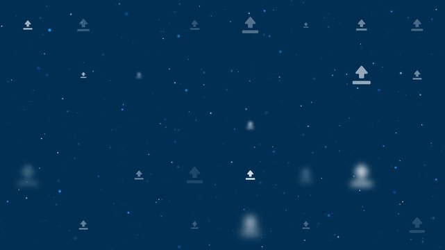 Template animation of evenly spaced upload symbols of different sizes and opacity. Animation of transparency and size. Seamless looped 4k animation on dark blue background with stars