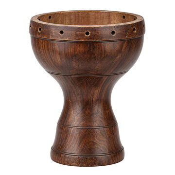Isolated wooden darbuka drum with textured brown wood, a traditional