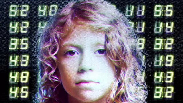 girl looks at camera for security scan with overlayed glitch 