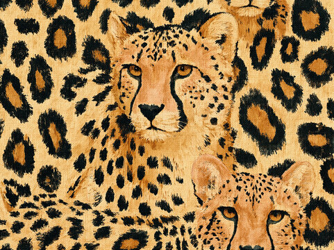A close-up of two cheetahs, one alert and gazing directly, the other contemplative, set against a leopard print background The image features intricate spot patterns, textured surfaces - AI-Generated