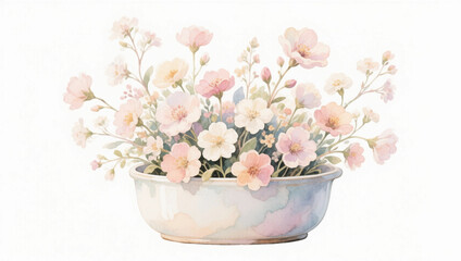 Obraz premium Soft pastel floral arrangement with delicate pink and cream flowers in a decorative container, creating a romantic spring composition.