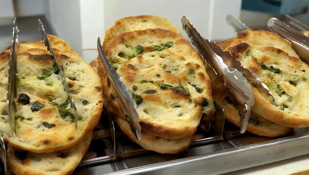 Savory 4K deli display slider shot tracking fresh slices of traditional Genoese focaccia flatbread brushed with olive oil presented for sale on a bakery counter with steel serving tongs