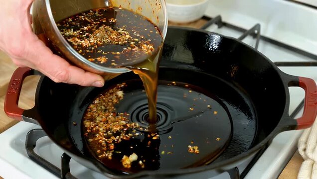 Detailed 4K culinary process shot showing a vibrant finely blended green herb and spice marinade liquid being poured into a sizzling hot frying pan to cook a gourmet sauce base