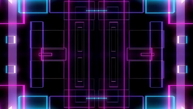 Seamless 4K motion graphic visual effect showcasing a glowing neon rectangular frame looping infinitely over a dark background with vibrant light animations ideal for futuristic video intros