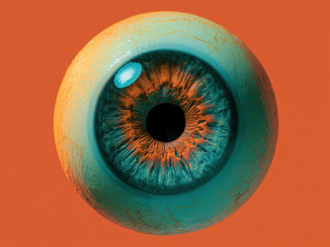 Close-up duotone floating eye, with detailed lashes, iris, and pupil Orange to teal gradient background Sclera in yellows, blood vessels in reds, iris in blues Digital art or realist - AI-Generated