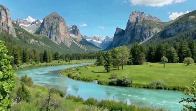 Tranquil 4K Ultra HD landscape footage showing a calm river meandering through the lush green wilderness of Yakutia surrounded by rolling hills and clear blue skies under bright daylight for