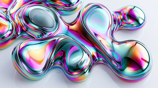 Futuristic, fluid holographic shapes in abstract design, comprising interconnected iridescent spheres shimmering blue, purple White background creates contrast Connected by thin, fl - AI-Generated
