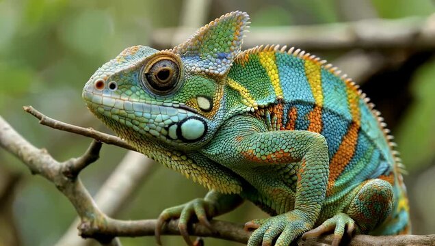 Detailed 4K macro wildlife footage of a colorful chameleon perched motionless on a slender branch featuring intricate scaly skin patterns revolving eyes and a soft beautifully blurred tropical