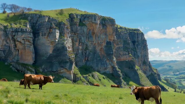 Scenic 4K Ultra HD aerial landscape video tracking backward over Almscliffe Crag in North Yorkshire during a warm summer afternoon revealing grazing cattle in green pastures under a cloudy sky for
