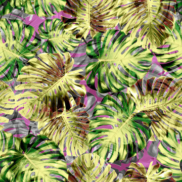 Tropical monstera seamless pattern with vibrant lime green and yellow palm leaves translucent gray overlays on magenta pink background modern botanical artwork for fashion apparel swimwear and wallpap