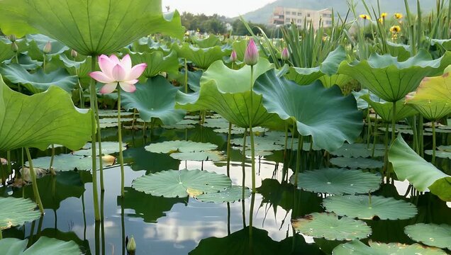 Neutral 4K Ultra HD nature documentary shot depicting a tranquil pond surface filled with floating lotus leaves and aquatic foliage filmed un-graded for realistic scientific observation