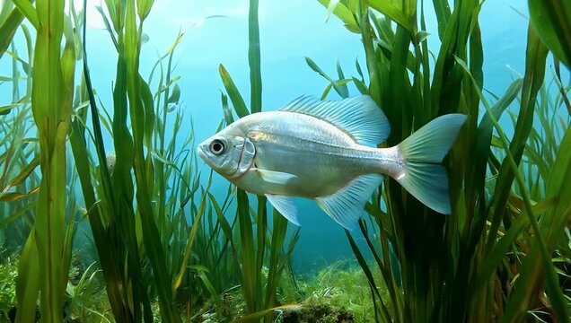 Crystal-clear 4K underwater video following a wild zander fish (Sander lucioperca) gliding smoothly through dense freshwater river plants before swimming upward toward sunlight