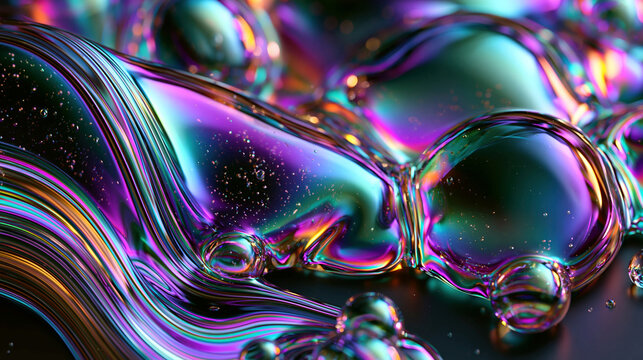 Close-up abstract image of iridescent spheres, resembling soap bubbles, interconnected by strands in a web-like pattern predominantly green and blue shimmering spheres with hints of pu - AI-Generated