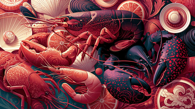 Vibrant underwater scene with various marine creatures, predominantly lobsters in rich, contrasting colors Light suggests natural environment Jellyfish, crustaceans, and ambiguous per - AI-Generated