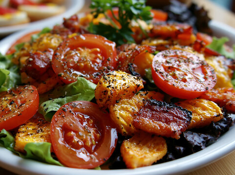 Wooden table with a plate of salad and chicken in a vibrant culinary scene, emphasizing colors red tomatoes, green lettuce, yellow peppers, golden-brown croutons, textures glossy chi - AI-Generated
