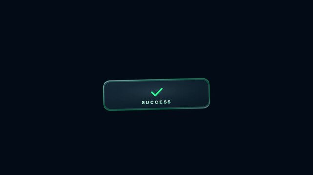 Premium 4K 2.5D commercial motion graphic featuring a solid dark navy background (#050B16), a glass transaction button, a stroke-revealed neon green checkmark, concentric success pulse waves.