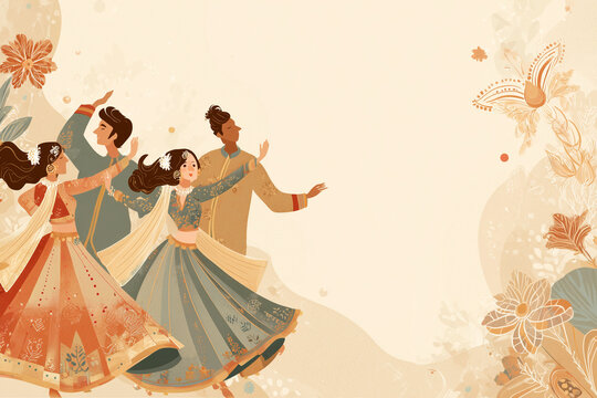 Vector dandiya celebration illustration with floral motifs and central text space.
