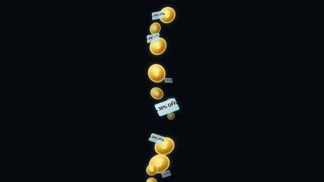 Premium commercial motion graphic featuring an elegant, controlled vertical waterfall of metallic gold coins and translucent discount coupon sheets with 3-depth parallax lanes.