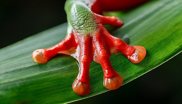 Macro Photography Of A Vibrant Red Tree Frog Foot On A Wet Green Leaf
