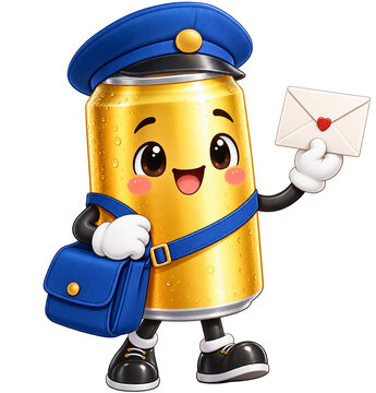 Friendly Mail Carrier Beer Can Mascot in Blue Postal Cap with Letter